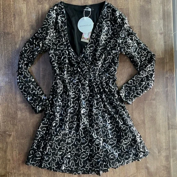 Boohoo | Dresses | Boutique Sequin Wrap Skater Dress Nwt | Poshmark